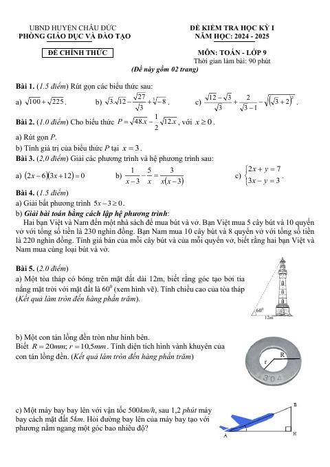 Đề thi Học kì 1 Toán 9 năm 2024-2025 Phòng GD&ĐT Châu Đức (Bà Rịa - Vũng Tàu)